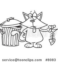 Cartoon Black and White Line Drawing of a Cat Holding a Fish Bone by Toonaday