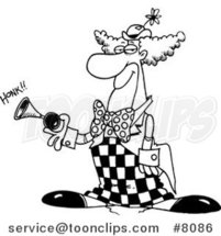 Cartoon Black and White Line Drawing of a Party Clown Honking a Horn by Toonaday