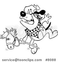 Cartoon Black and White Line Drawing of a Cowboy Bulldog Riding a Stick Pony by Toonaday