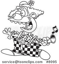 Cartoon Black and White Line Drawing of a Party Clown Using a Horn by Toonaday