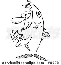 Cartoon Black and White Line Drawing of a Guy in a Fish Costume by Toonaday