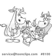 Cartoon Black and White Line Drawing of a Waiter Cow Serving a Female Cow a Beverage Poolside by Toonaday