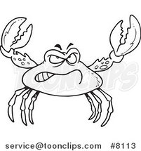 Cartoon Black and White Line Drawing of a Tough Crab by Toonaday