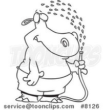 Cartoon Black and White Line Drawing of a Hippo Spraying Himself with a Hose by Toonaday