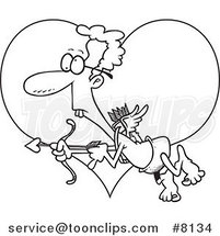 Cartoon Black and White Line Drawing of a Goofy Cupid over a Heart by Toonaday
