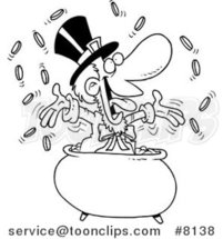 Cartoon Black and White Line Drawing of a Leprechaun Celebrating in His Pot of Gold by Toonaday