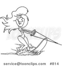 Cartoon Line Art Design of a Beautiful Lady Waterskiing by Toonaday