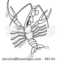 Cartoon Black and White Line Drawing of a Happy Crawdad by Toonaday