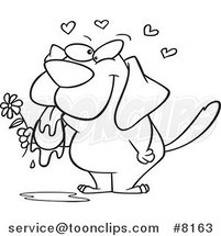 Cartoon Black and White Line Drawing of a Drooling Dog Holding a Flower by Toonaday