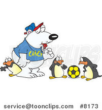 Cartoon Polar Bear Coaching Penguins for Soccer by Toonaday