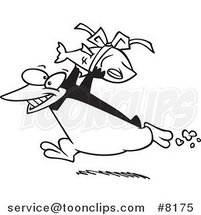 Cartoon Black and White Line Drawing of a Penguin Carrying a Fish Gift by Toonaday