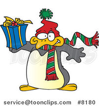 Cartoon Christmas Penguin Holding a Gift by Toonaday