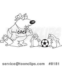 Cartoon Black and White Line Drawing of a Polar Bear Coaching Penguins for Soccer by Toonaday