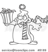 Cartoon Black and White Line Drawing of a Christmas Penguin Holding a Gift by Toonaday