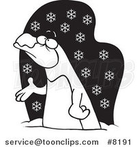 Cartoon Black and White Line Drawing of a Penguin in the Snow by Toonaday