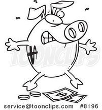Cartoon Black and White Line Drawing of a Piggy Bank over Money by Toonaday