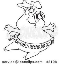 Cartoon Black and White Line Drawing of a Ballet Pig by Toonaday