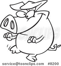 Cartoon Black and White Line Drawing of a Pig Doing a Happy Dance by Toonaday