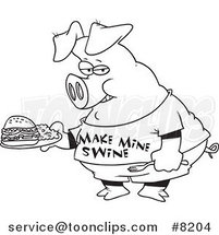Cartoon Black and White Line Drawing of a Pig Carrying a Sandwich by Toonaday
