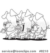 Cartoon Black and White Line Drawing of Three Eating Pigs by Toonaday