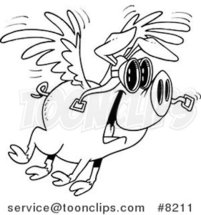 Cartoon Black and White Line Drawing of a Flying Pig by Toonaday