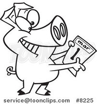 Cartoon Black and White Line Drawing of a Pig Holding a March 1st Calendar by Toonaday