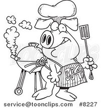 Cartoon Black and White Line Drawing of a Bbq Pig Wearing a Pig out Apron by Toonaday