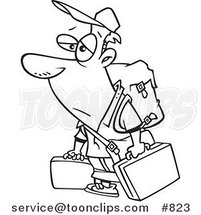 Cartoon Line Art Design of a Tired Traveler Carrying Luggage by Toonaday
