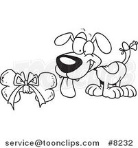 Cartoon Black and White Line Drawing of a Puppy with a Bell on His Tail, Looking at a Bone by Toonaday