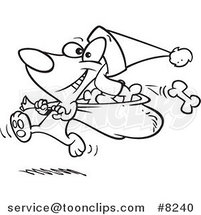 Cartoon Black and White Line Drawing of a Santa Paws Dog Carrying a Bag of Bones by Toonaday