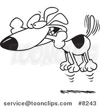 Cartoon Black and White Line Drawing of a Hyper Dog Jumping with a Bone in His Mouth by Toonaday