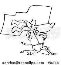 Cartoon Black and White Line Drawing of a Patriotic Dog Standing on a Mound with a Flag by Toonaday