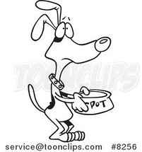 Cartoon Black and White Line Drawing of a Hungry Dog Pleading for Food by Toonaday