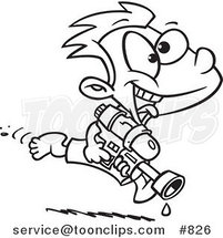 Cartoon Line Art Design of a Playful Boy Running with a Water Gun by Toonaday