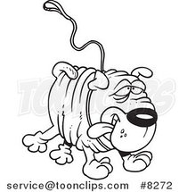 Cartoon Black and White Line Drawing of a Sharpei Dog Running with a Leash Attached by Toonaday