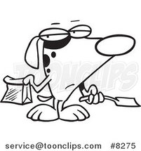 Cartoon Black and White Line Drawing of a Self Cleaning Dog Scooping His Poop by Toonaday