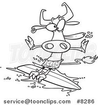 Cartoon Black and White Line Drawing of a Surfer Cow by Toonaday