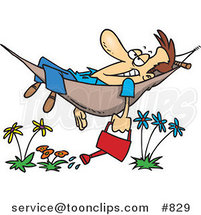 Cartoon Happy Guy Relaxing in a Hammock and Watering His Flowers by Toonaday
