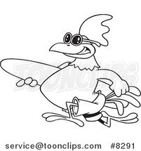 Cartoon Black and White Line Drawing of a Surfer Rooster Carrying a Board by Toonaday