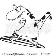Cartoon Black and White Line Drawing of a Surfer Dinosaur by Toonaday
