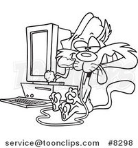 Cartoon Black and White Line Drawing of a Christmas Cat with a Computer Mouse in His Mouth by Toonaday