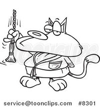 Cartoon Black and White Line Drawing of a Spoiled Cat Ringing a Bell by Toonaday