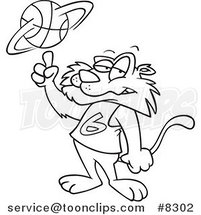 Cartoon Black and White Line Drawing of a Big Cat Spinning a Basketball by Toonaday
