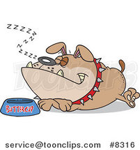 Cartoon Sleeping Bulldog by His Food Dish by Toonaday