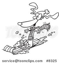 Cartoon Black and White Line Drawing of a Wiener Dog Sledding by Toonaday