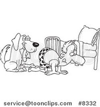 Cartoon Black and White Line Drawing of a Dog Holding a Sock While His Master Searches by Toonaday