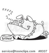 Cartoon Black and White Line Drawing of a Sleeping Bulldog by His Food Dish by Toonaday