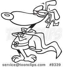 Cartoon Black and White Line Drawing of a Super Dog Standing in a Cape by Toonaday