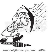 Cartoon Line Art Design of a Guy Caught in a Nasty Rain Storm by Toonaday