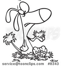 Cartoon Black and White Line Drawing of a Dog with Alopecia, Sitting on a Pile of Hair by Toonaday